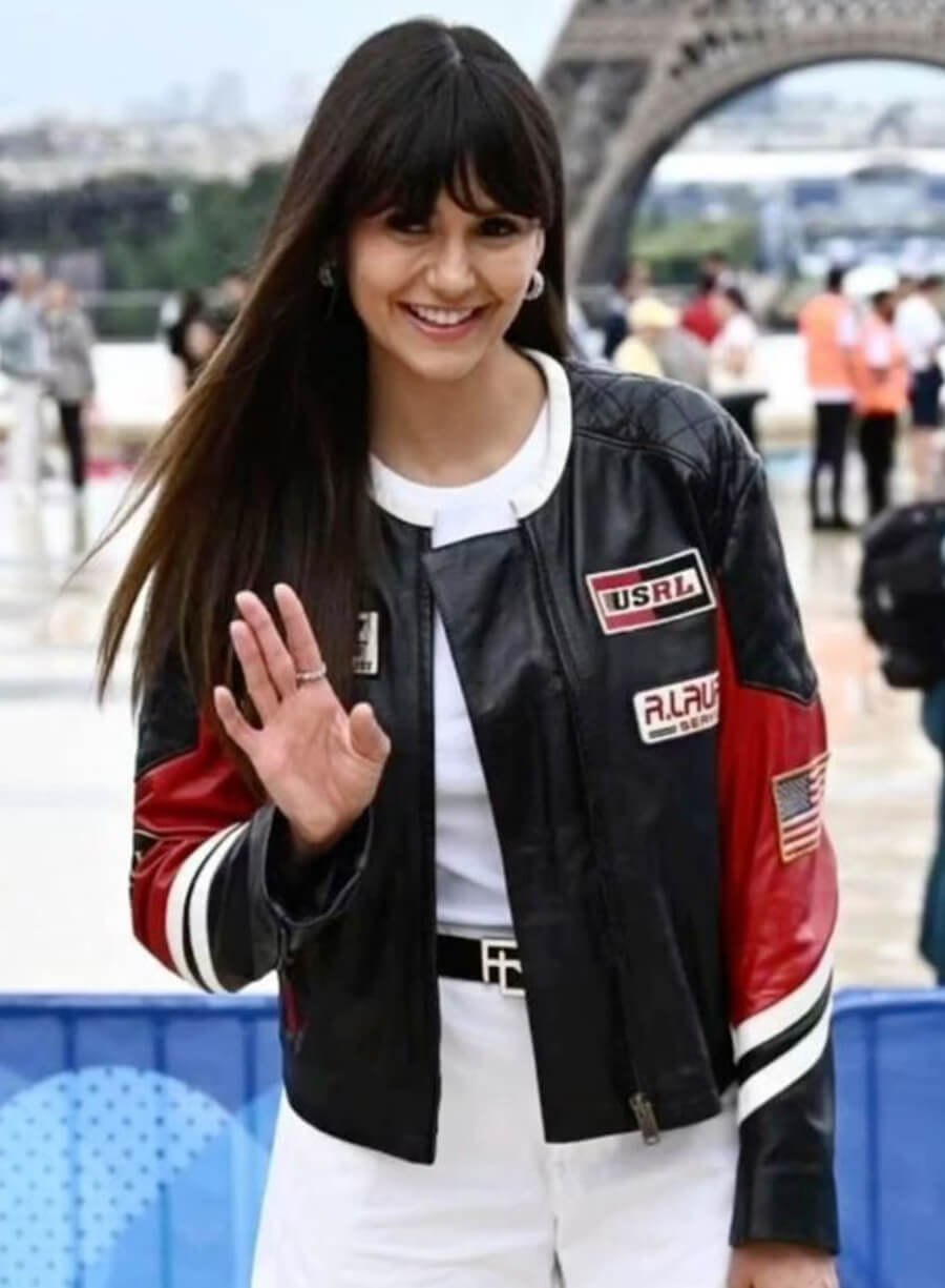 Nina Dobrev Paris Olympics Black Leather Jacket