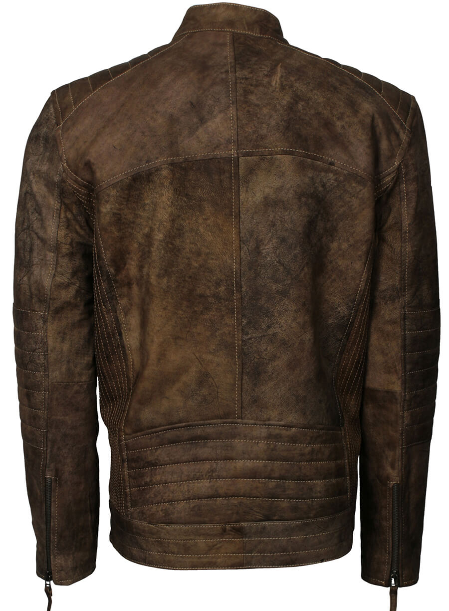 Quilted Sleeves Distressed Leather Jacket
