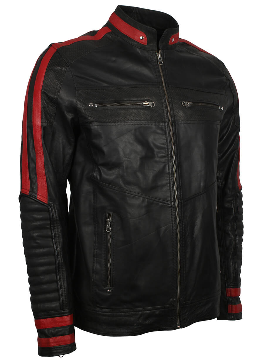 Red Stripe Black Cafe Racer Jacket