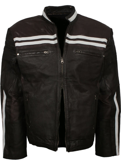 Retro Black Leather Jacket With White Stripes