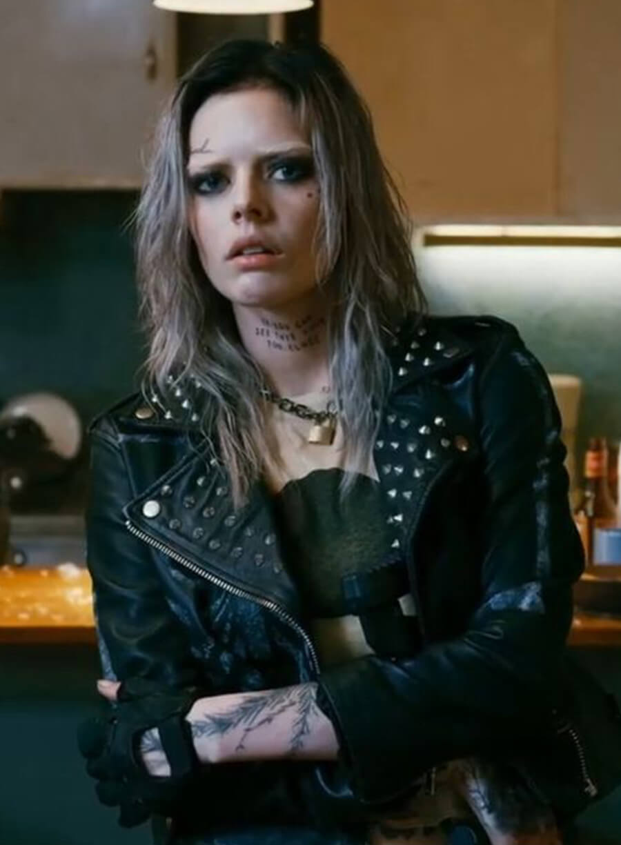 Samara Weaving Guns Akimbo Black Leather Jacket