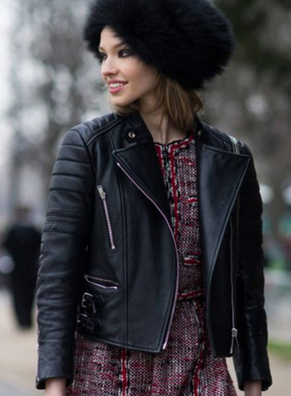 Sasha Luss Black Leather Biker Jacket