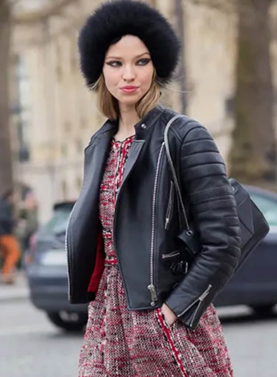 Sasha Luss Black Leather Biker Jacket