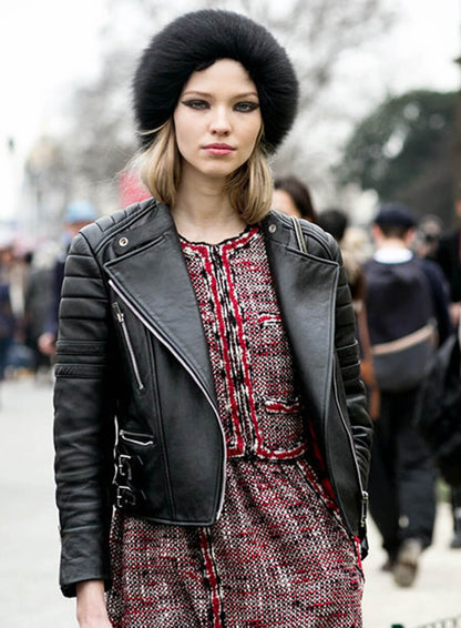 Sasha Luss Black Leather Biker Jacket