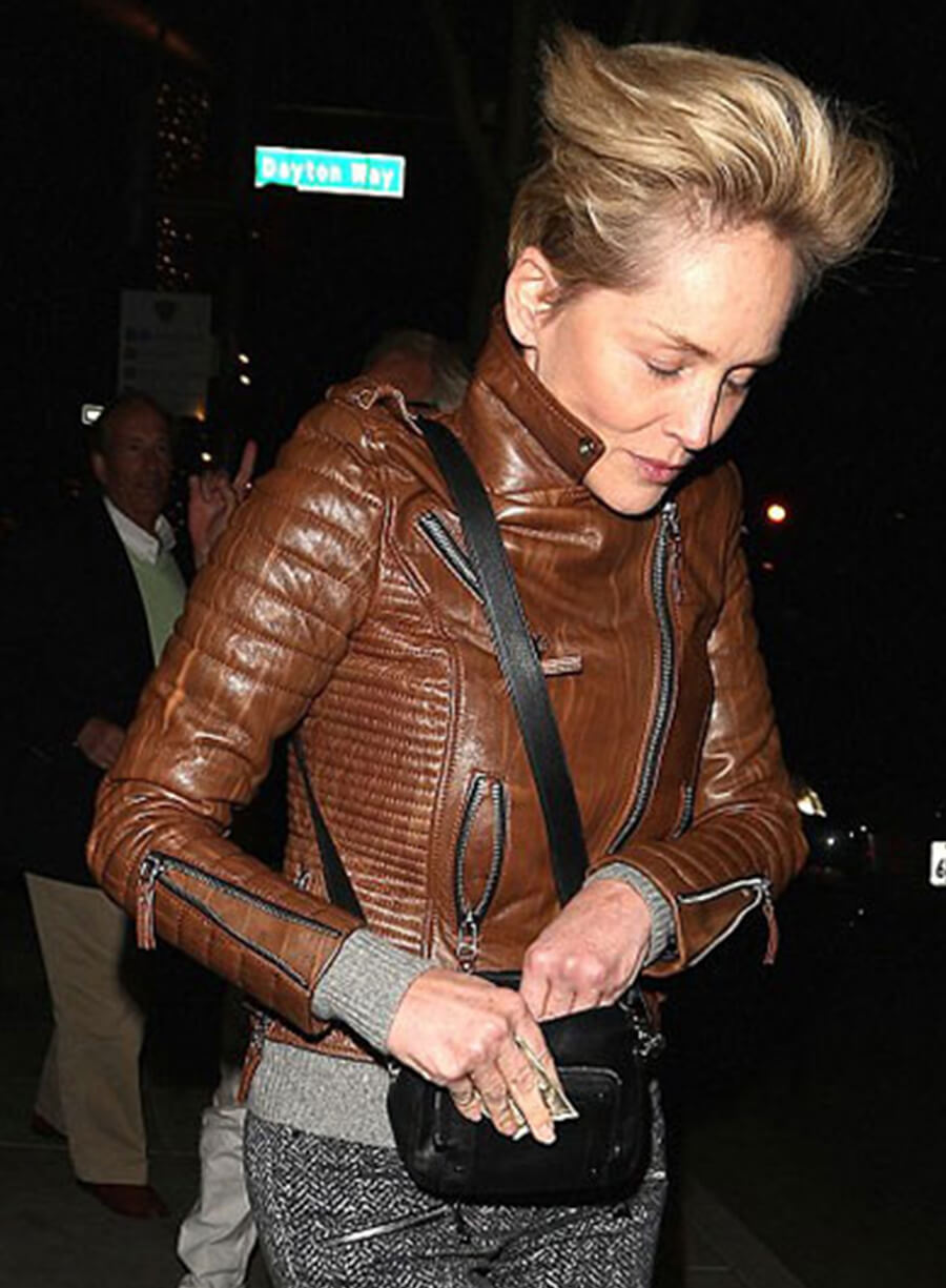 Sharon Stone Brown Leather Jacket