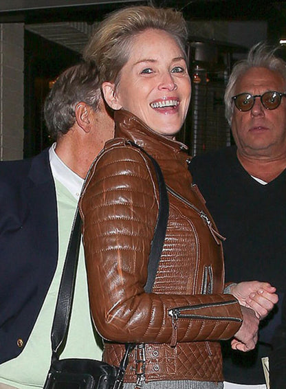 Sharon Stone Brown Leather Jacket