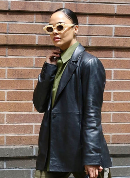 Tessa Thompson Black Leather Blazer