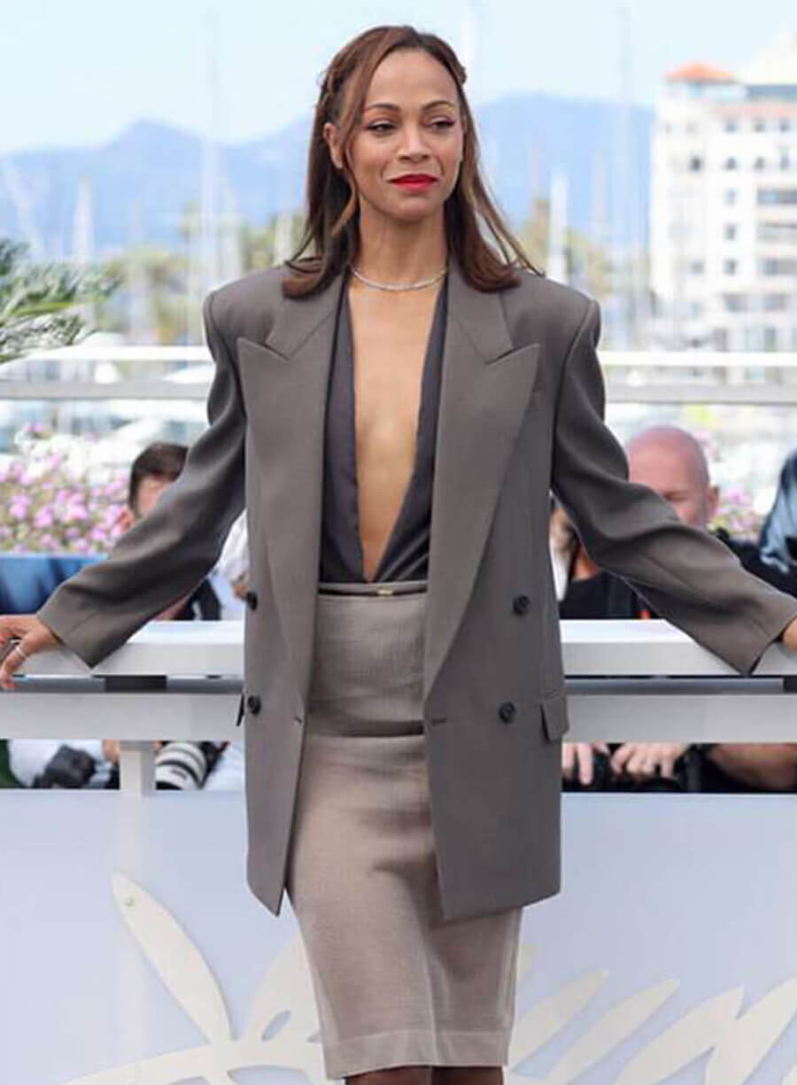 Zoe Saldana Emilia Pérez Premiere Grey Blazer